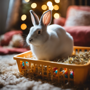 An image showcasing a cozy, spacious indoor rabbit habitat, complete with a soft hay-filled bedding, a colorful assortment of chew toys, and a bunny-friendly litter box, to highlight the essentials for a happy and healthy rabbit adoption