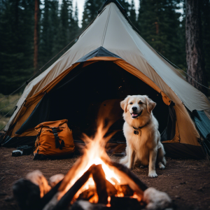 An image capturing a serene campsite nestled amidst towering pine trees, with a flickering campfire casting a warm glow