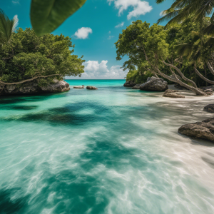 An image that showcases the crystal-clear turquoise waters of Cancun, contrasting with the lush greenery lining the pristine white sandy beaches of Riviera Maya, capturing the essence of both destinations