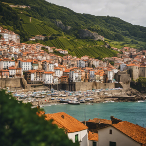 An image capturing the essence of Basque Country: rolling green hills dotted with quaint whitewashed villages, picturesque coastline with crashing waves, and locals indulging in traditional pintxos at lively street-side bars