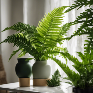 An image that showcases artificial ferns in a modern living room adorned with diffused sunlight, where their lush green foliage beautifully contrasts against a neutral palette, exuding everlasting elegance