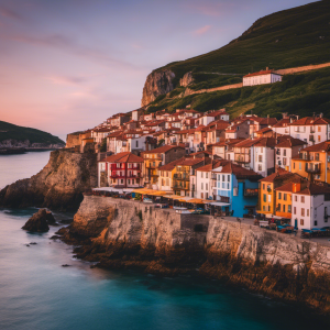 An image showcasing the idyllic charm of Cantabria's coastal villages: a colorful row of quaint houses nestled between rugged cliffs and the azure ocean, with fishing boats dotting the harbor and a vibrant sunset painting the sky