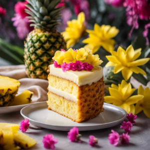 An image showcasing a luscious slice of cold pineapple cake with a golden sponge base, adorned with creamy pineapple-infused frosting, and garnished with succulent fresh pineapple chunks and vibrant tropical flowers