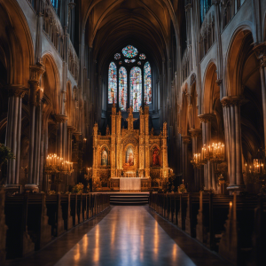 An image capturing the solemnity of an ancient religious painting: A candlelit cathedral, with stained glass windows casting ethereal hues on a majestic altarpiece, evoking profound devotion and spiritual awe