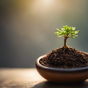 An image capturing the delicate journey of a bonsai seed sprouting, with its tiny green shoot curving upward, surrounded by rich soil, bathed in soft sunlight, and sheltered by an expertly crafted miniature pot