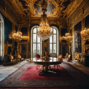An image showcasing the Château De Fontainebleau's opulent interiors: ornate chandeliers casting a warm glow on gilded ceilings, intricate tapestries adorning the walls, and regal furniture standing in silent grandeur