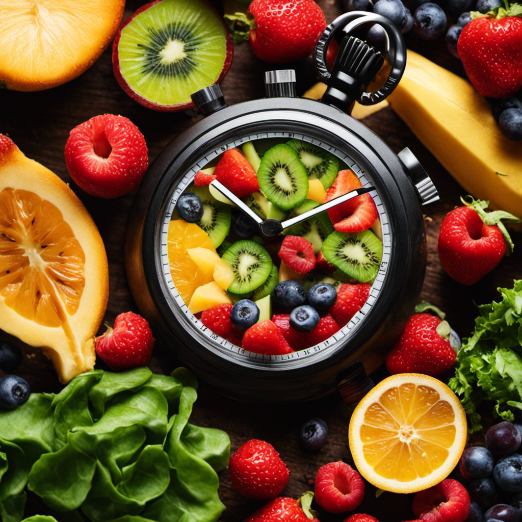 An image showcasing a vibrant stomach surrounded by a variety of easily digestible foods like fresh fruits, leafy greens, and lean proteins, along with a stopwatch symbolizing improved digestion speed