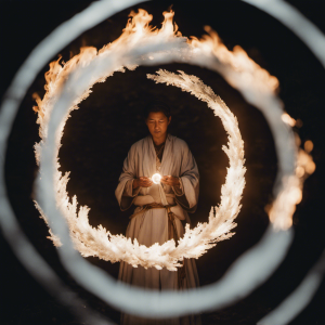 An image depicting a person standing inside a circle of burning white sage, surrounded by a shimmering translucent barrier