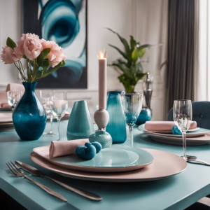 An image showcasing a sleek, minimalist dining room adorned in a palette of cool neutrals and vibrant pops of aquamarine, indigo, and blush pink, exuding a contemporary ambiance of elegance and sophistication
