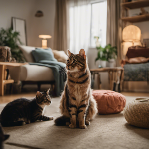 An image showcasing a serene living room with a patient cat trainer sitting cross-legged on the floor, surrounded by content and well-behaved felines eagerly participating in various tricks and exercises, demonstrating the power of love and patience