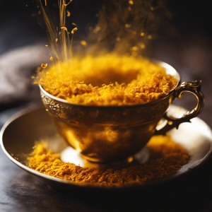 An image showcasing a vibrant, golden-hued turmeric infusion gently cascading into a delicate teacup, with wisps of steam rising, inviting viewers to explore the wonders and countless benefits of this liquid gold