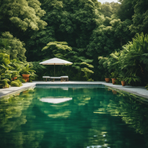 An image showcasing a pristine swimming pool surrounded by lush greenery