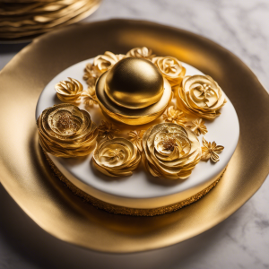 the allure of culinary opulence with a sumptuous photograph showcasing a meticulously crafted dessert adorned with shimmering edible gold foil