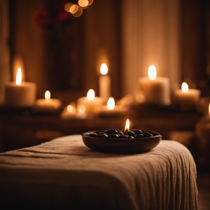 An image showcasing the serene ambiance of a Roman massage: a dimly lit room with flickering candles casting a warm glow, adorned with ancient Roman artifacts and a marble massage table