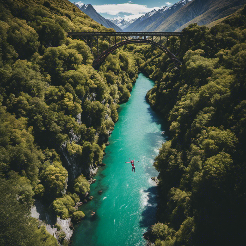  the rugged beauty of New Zealand's outdoor adventures with an image of a fearless bungee jumper leaping off the iconic Kawarau Bridge, surrounded by lush greenery, towering mountains, and crystal-clear waters