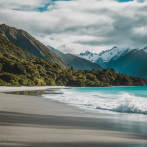 An image that showcases the surreal beauty of New Zealand during its summer months: a pristine beach with turquoise waters, snow-capped mountains in the distance, and lush greenery lining the shores