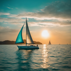 a vibrant sunset casting a warm golden glow over a sleek sailboat gracefully gliding through crystal-clear turquoise waters