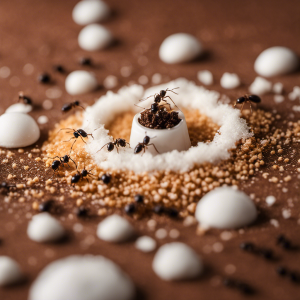 An image showcasing a clean kitchen countertop with a trail of tiny ants converging towards a strategically placed ant trap, surrounded by spilled sugar and breadcrumbs, illustrating the need for effective solutions against small ant infestations