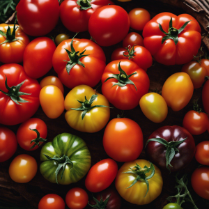 An image showcasing a vibrant medley of rare tomatoes: a mesmerizing array of colors, shapes, and sizes