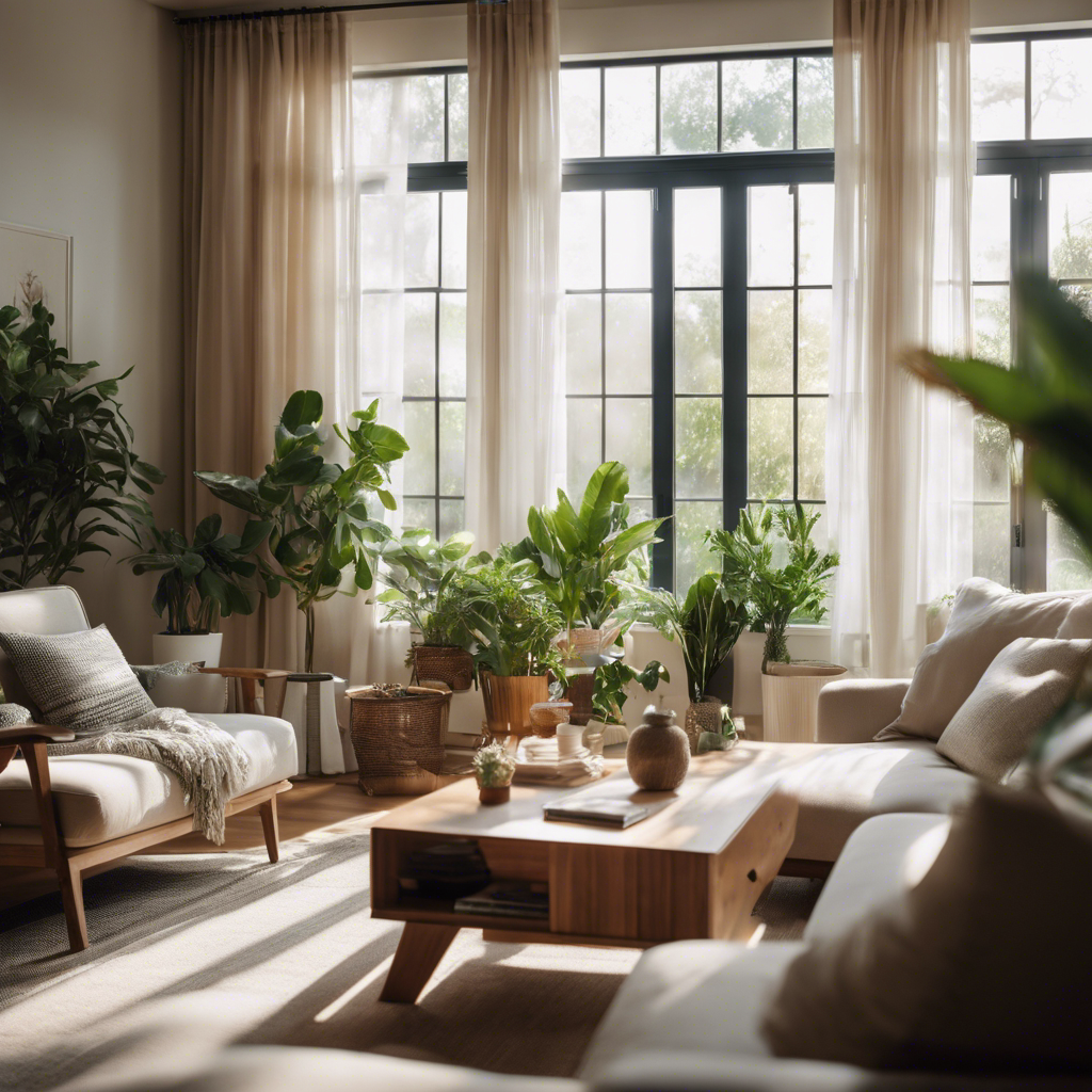 An image showcasing a serene living room with open windows, revealing gentle sunlight streaming through sheer curtains